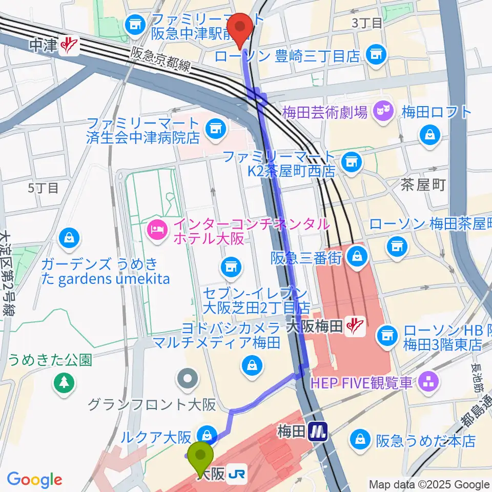 大阪駅から中津Step HALLへのルートマップ地図