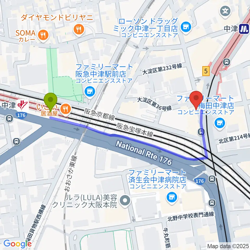 中津駅から中津Step HALLへのルートマップ地図