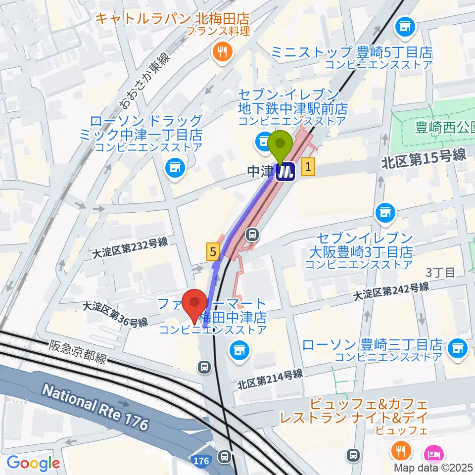 中津Step HALLの最寄駅中津駅からの徒歩ルート（約3分）地図