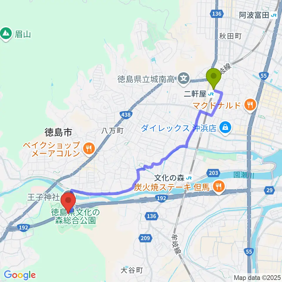 二軒屋駅からすだちくん森のシアターへのルートマップ地図