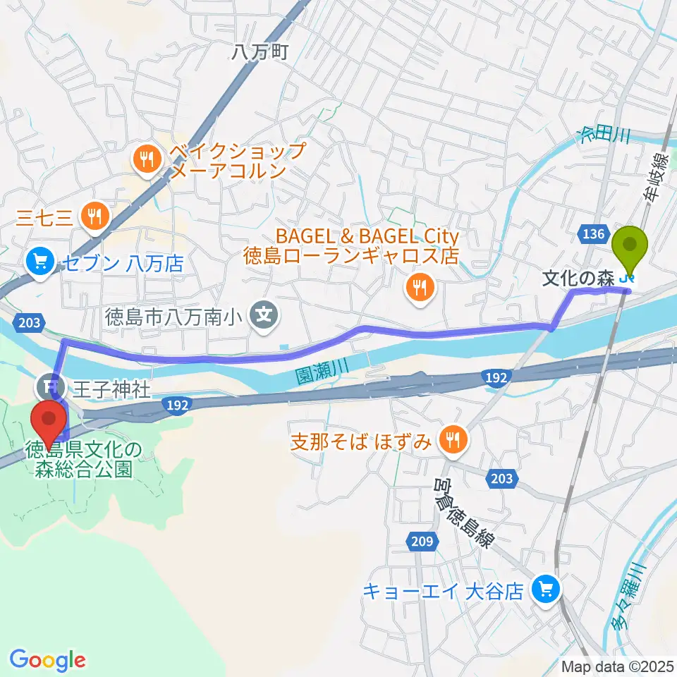 すだちくん森のシアターの最寄駅文化の森駅からの徒歩ルート（約28分）地図