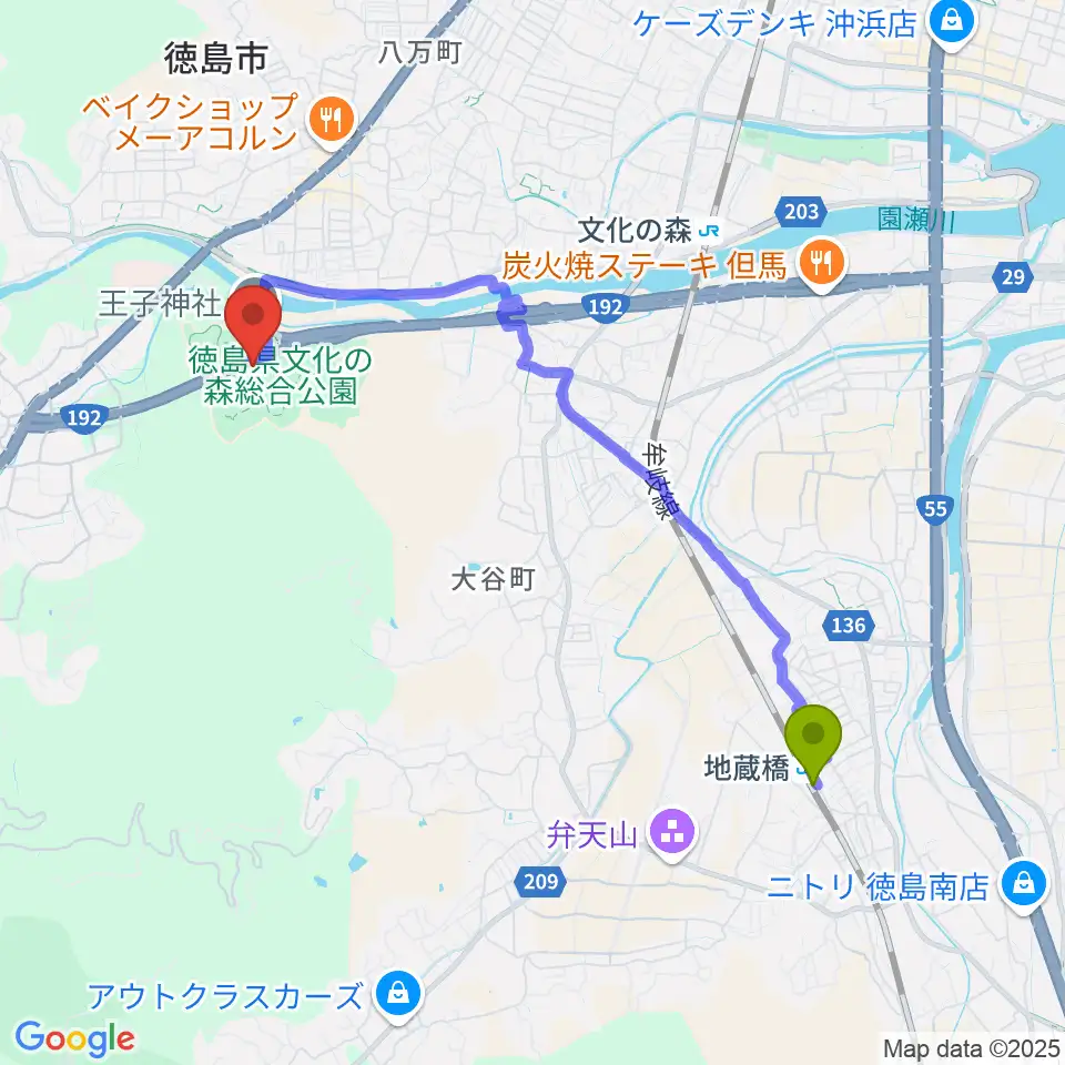 地蔵橋駅からすだちくん森のシアターへのルートマップ地図