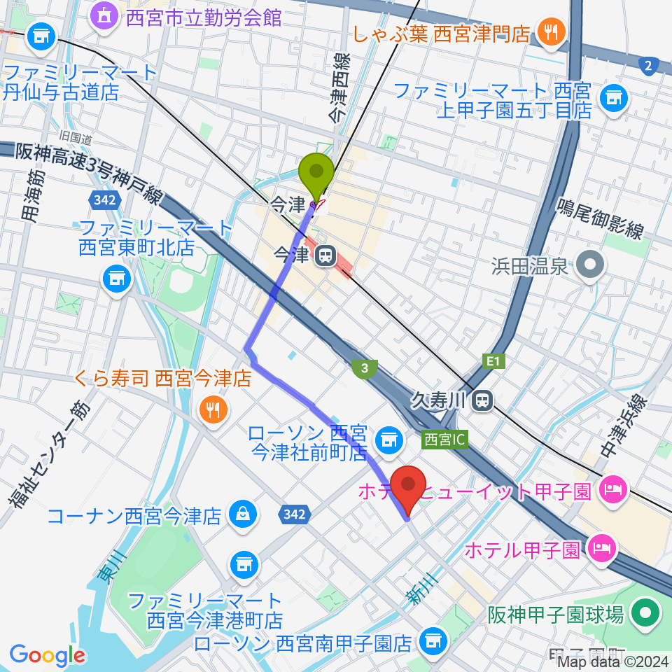 今津駅からスタジオ1812へのルートマップ地図