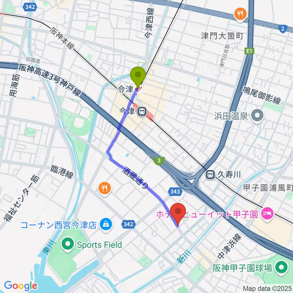 今津駅からスタジオ1812へのルートマップ地図