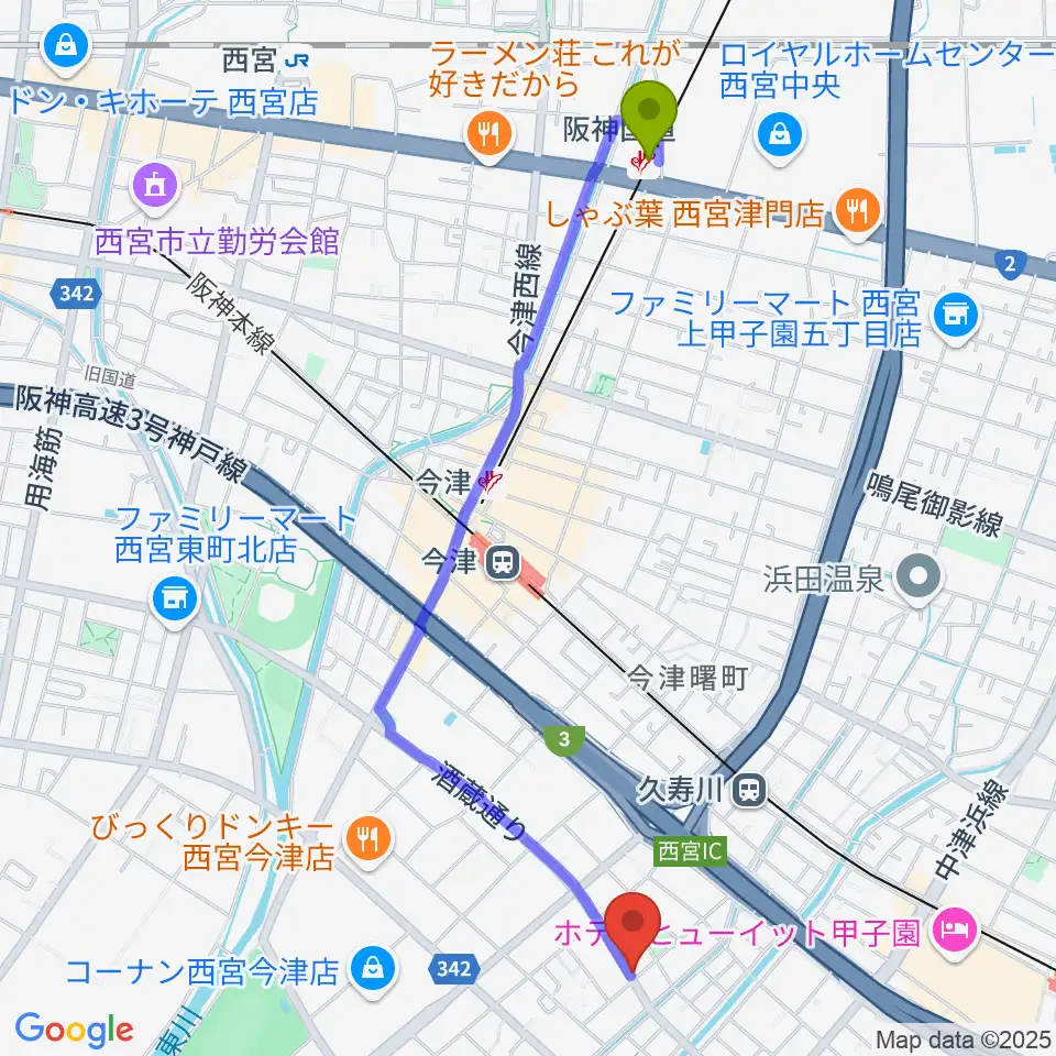 阪神国道駅からスタジオ1812へのルートマップ地図