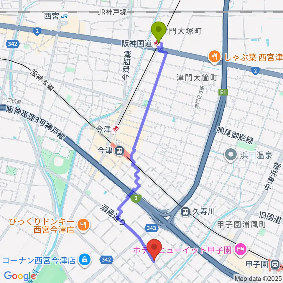 阪神国道駅からスタジオ1812へのルートマップ地図