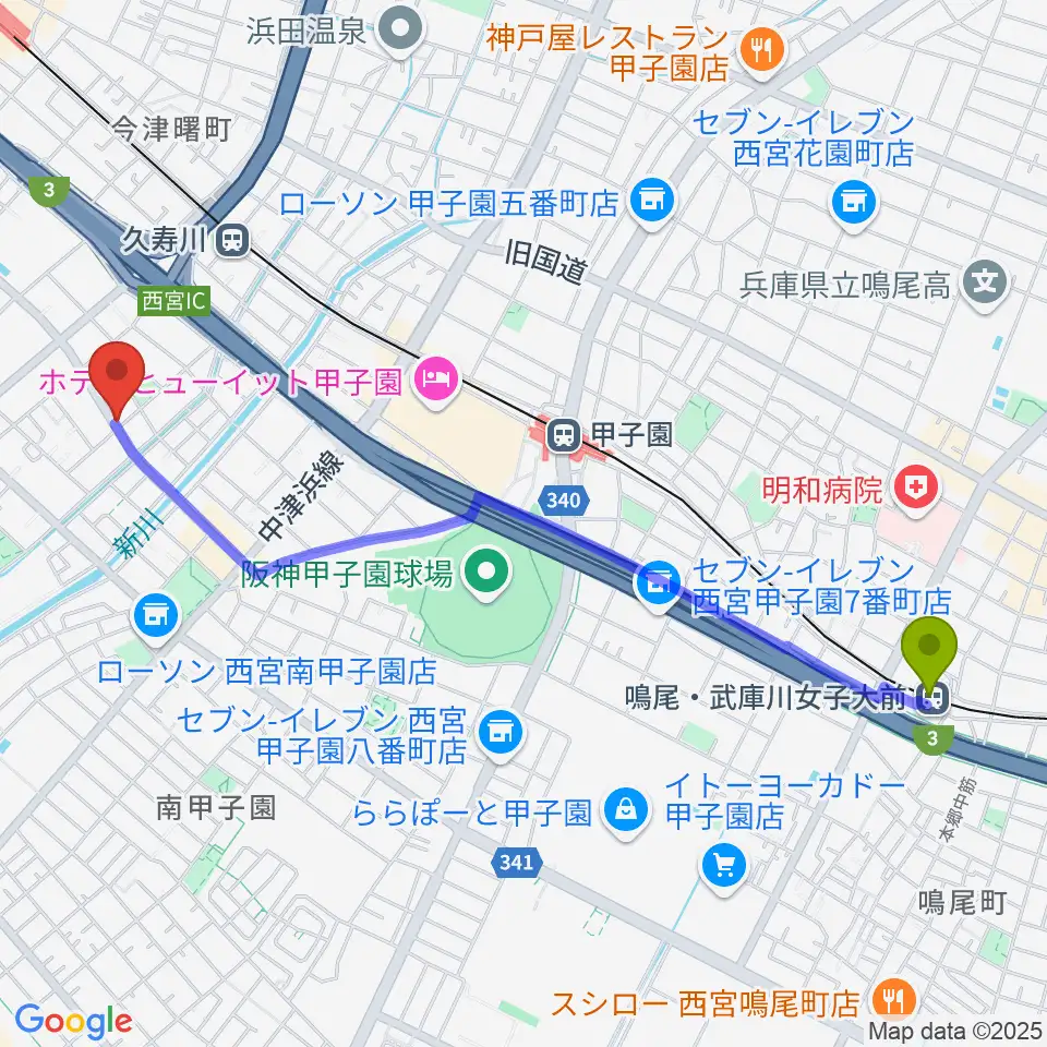 鳴尾・武庫川女子大前駅からスタジオ1812へのルートマップ地図