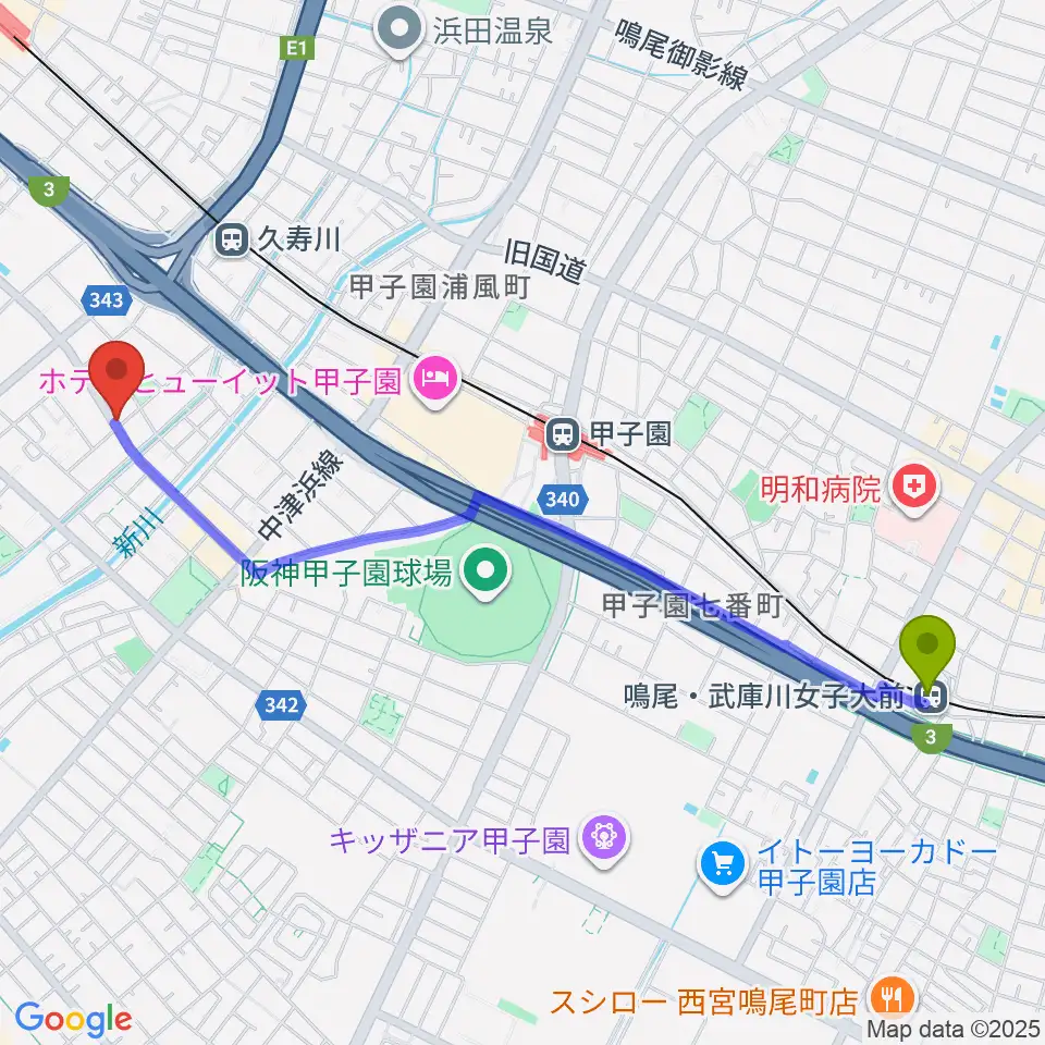 鳴尾・武庫川女子大前駅からスタジオ1812へのルートマップ地図
