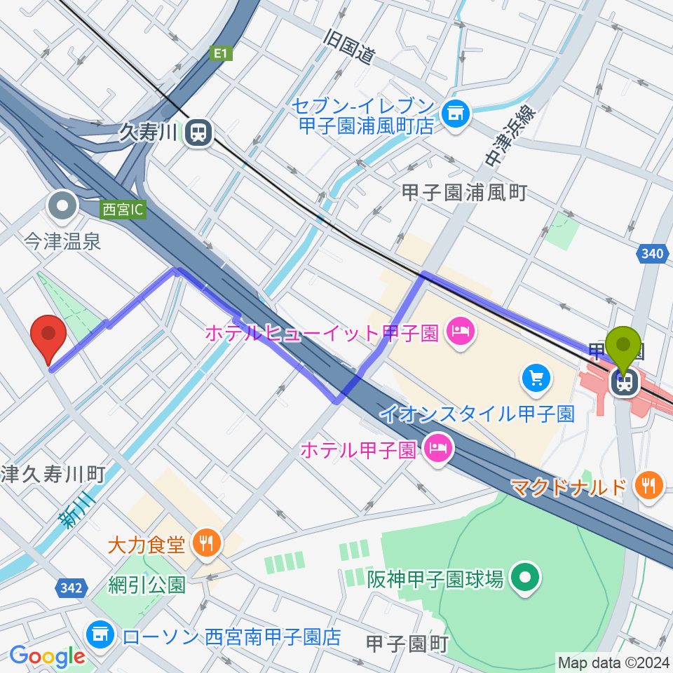 甲子園駅からスタジオ1812へのルートマップ地図