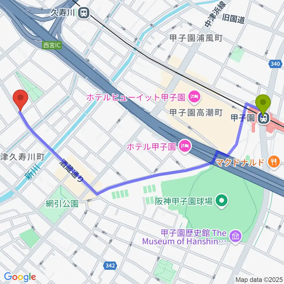 甲子園駅からスタジオ1812へのルートマップ地図
