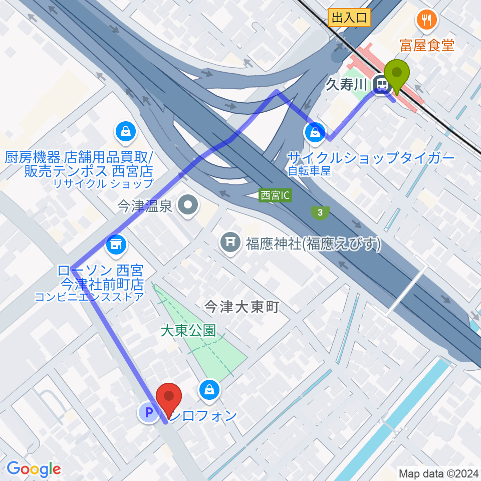 スタジオ1812の最寄駅久寿川駅からの徒歩ルート（約6分）地図