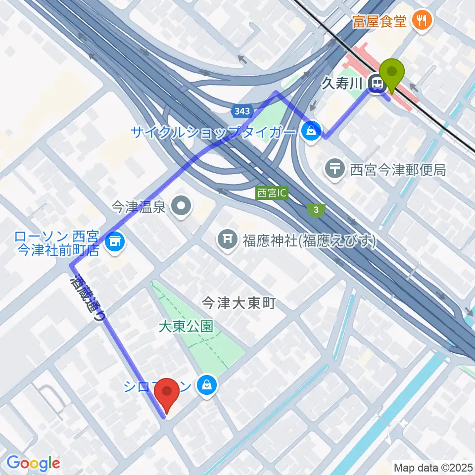 スタジオ1812の最寄駅久寿川駅からの徒歩ルート（約6分）地図