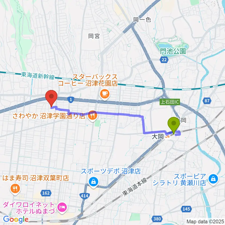 大岡駅からStudio SONICSへのルートマップ地図