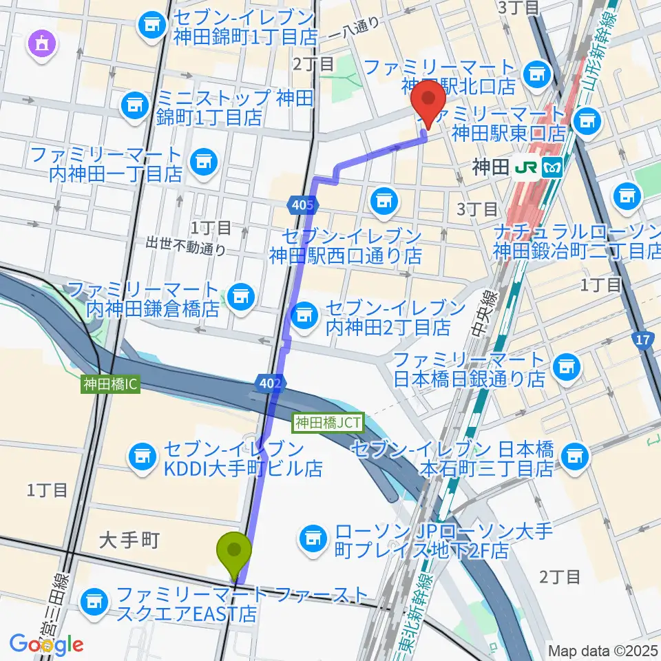 大手町駅から神田 音ステージへのルートマップ地図