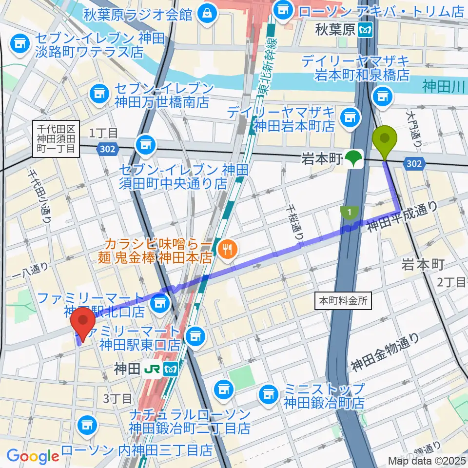 岩本町駅から神田 音ステージへのルートマップ地図