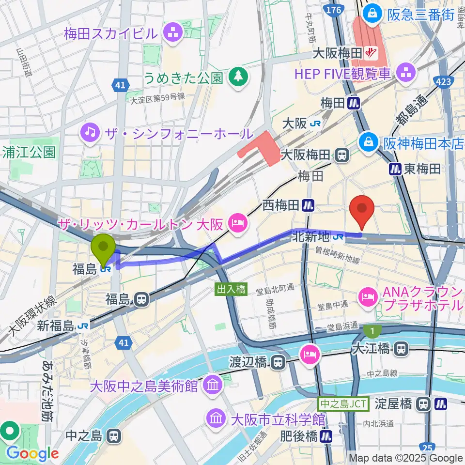 福島駅から大阪弦楽器へのルートマップ地図