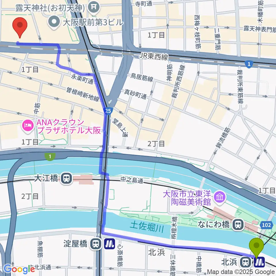 北浜駅から大阪弦楽器へのルートマップ地図