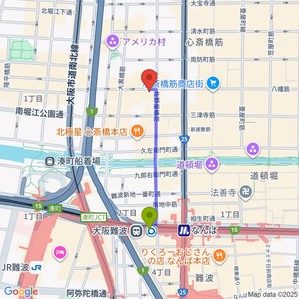 大阪難波駅から新神楽へのルートマップ地図