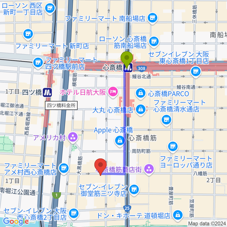 心斎橋駅から新神楽へのルートマップ地図