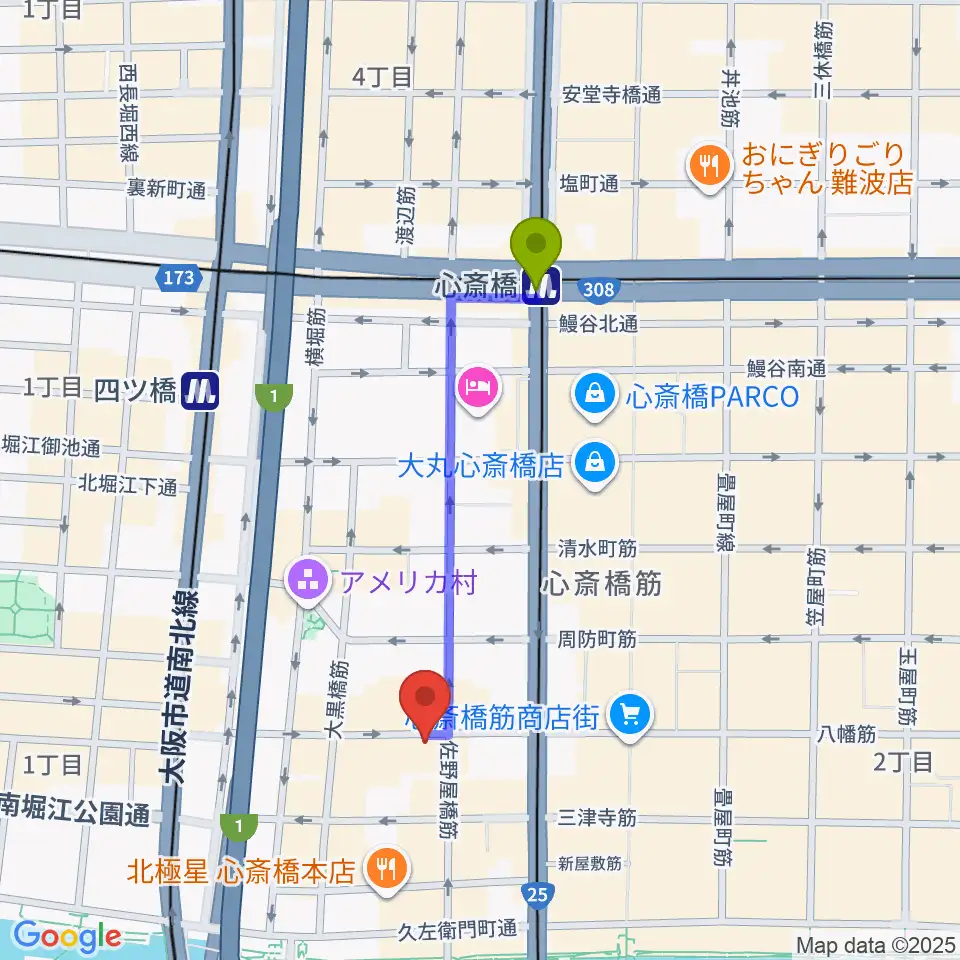 心斎橋駅から新神楽へのルートマップ地図