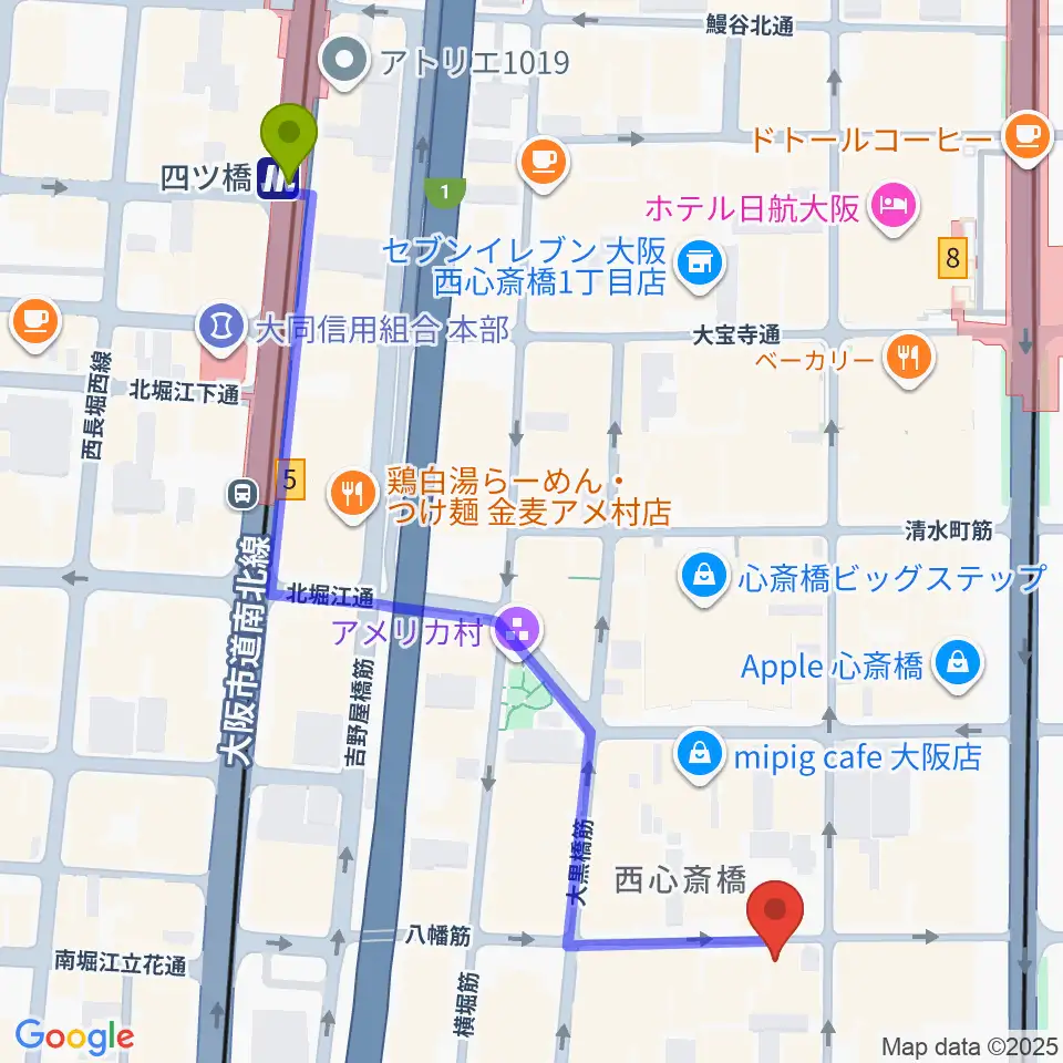 新神楽の最寄駅四ツ橋駅からの徒歩ルート（約7分）地図