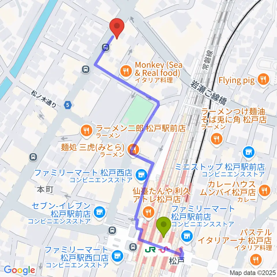 松戸スタジオダグアウト2の最寄駅松戸駅からの徒歩ルート（約6分）地図