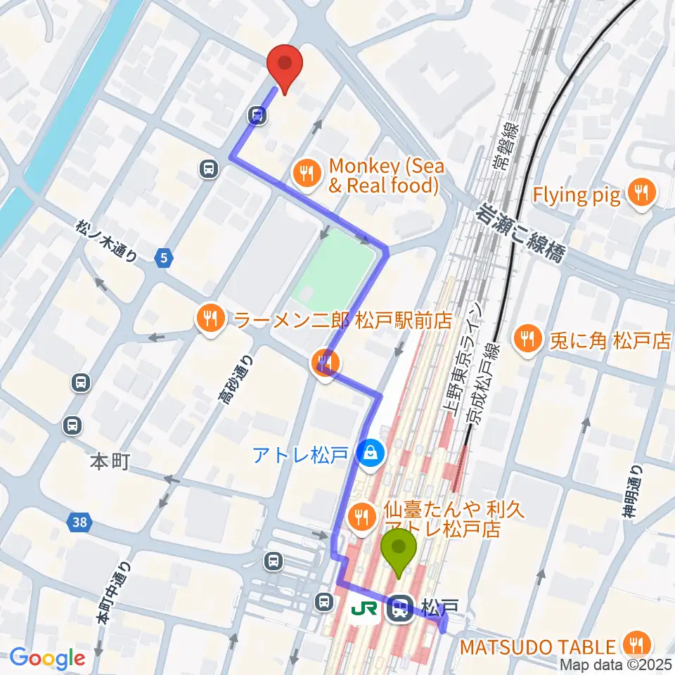 松戸スタジオダグアウト2の最寄駅松戸駅からの徒歩ルート（約6分）地図