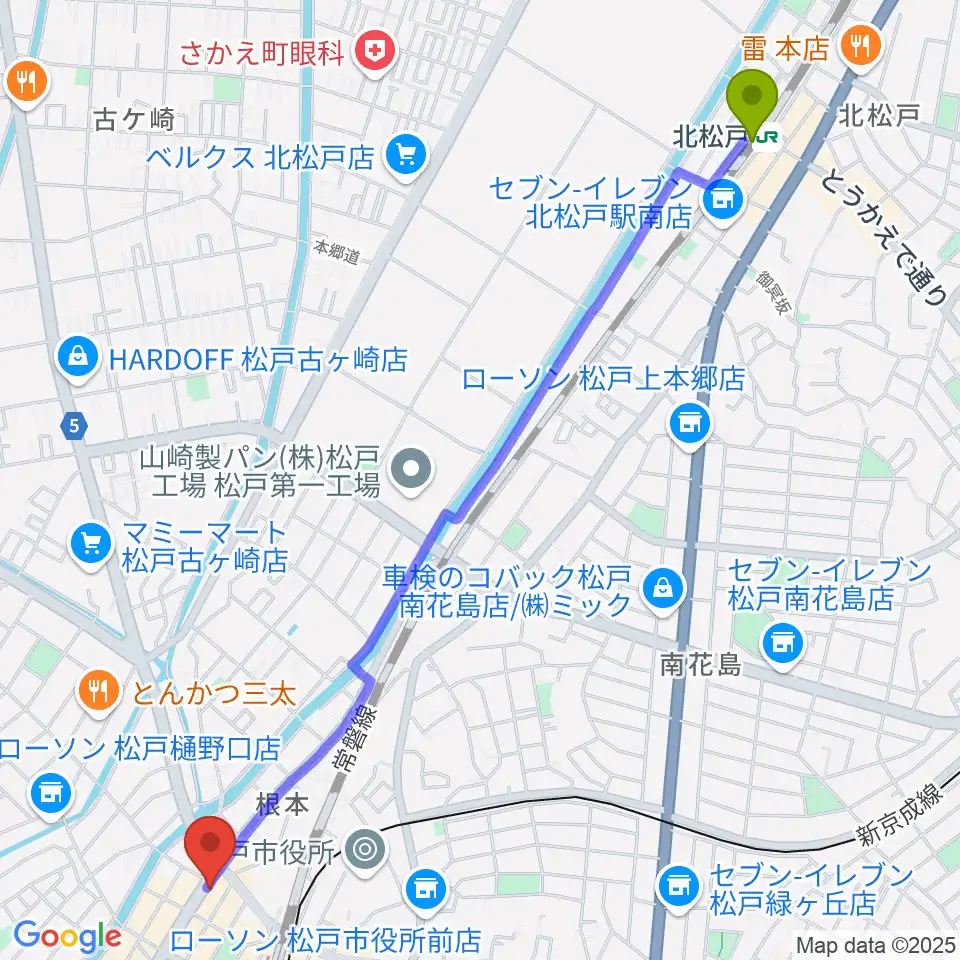 北松戸駅から松戸スタジオダグアウト2へのルートマップ地図