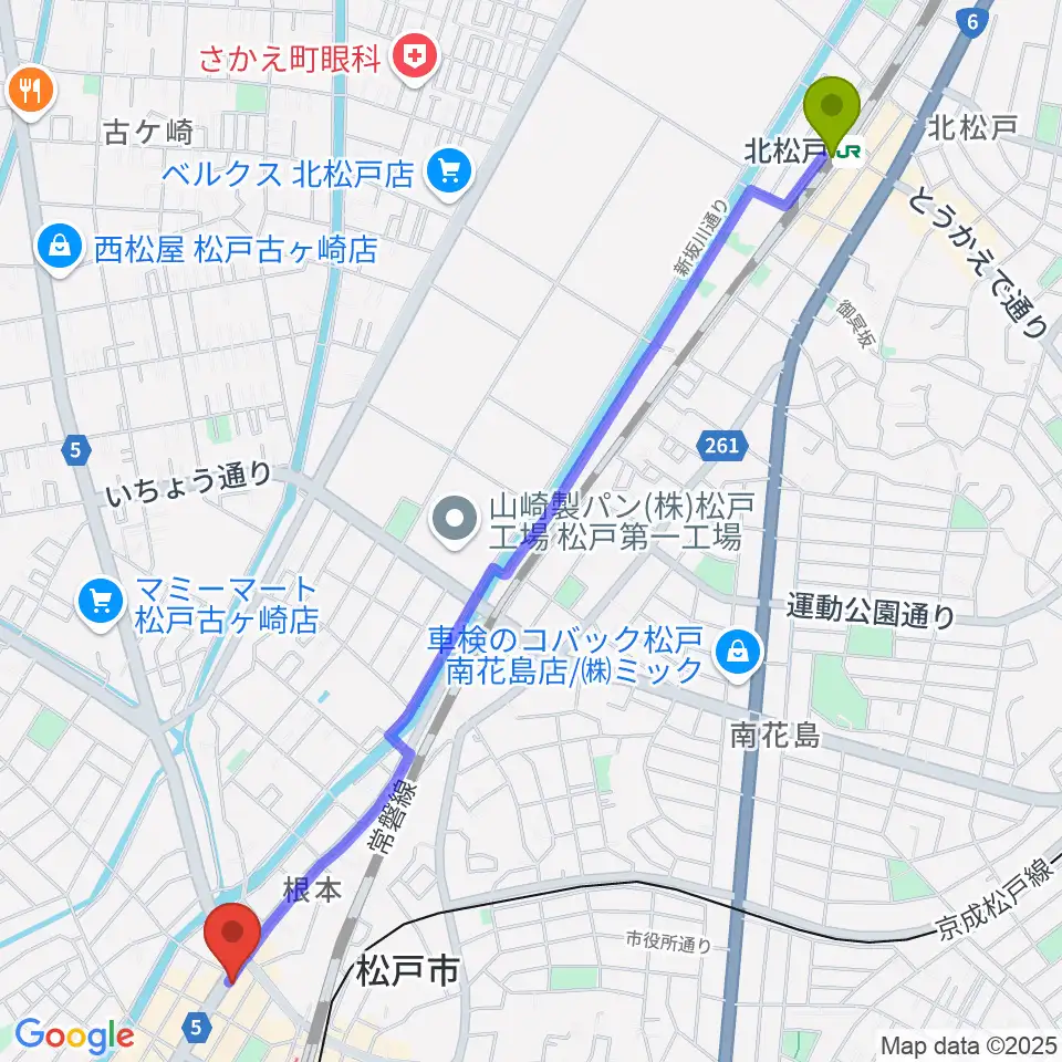 北松戸駅から松戸スタジオダグアウト2へのルートマップ地図