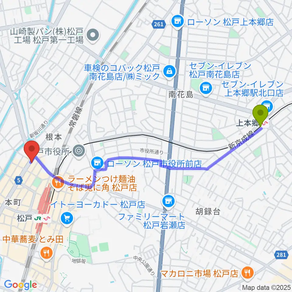 上本郷駅から松戸スタジオダグアウト2へのルートマップ地図