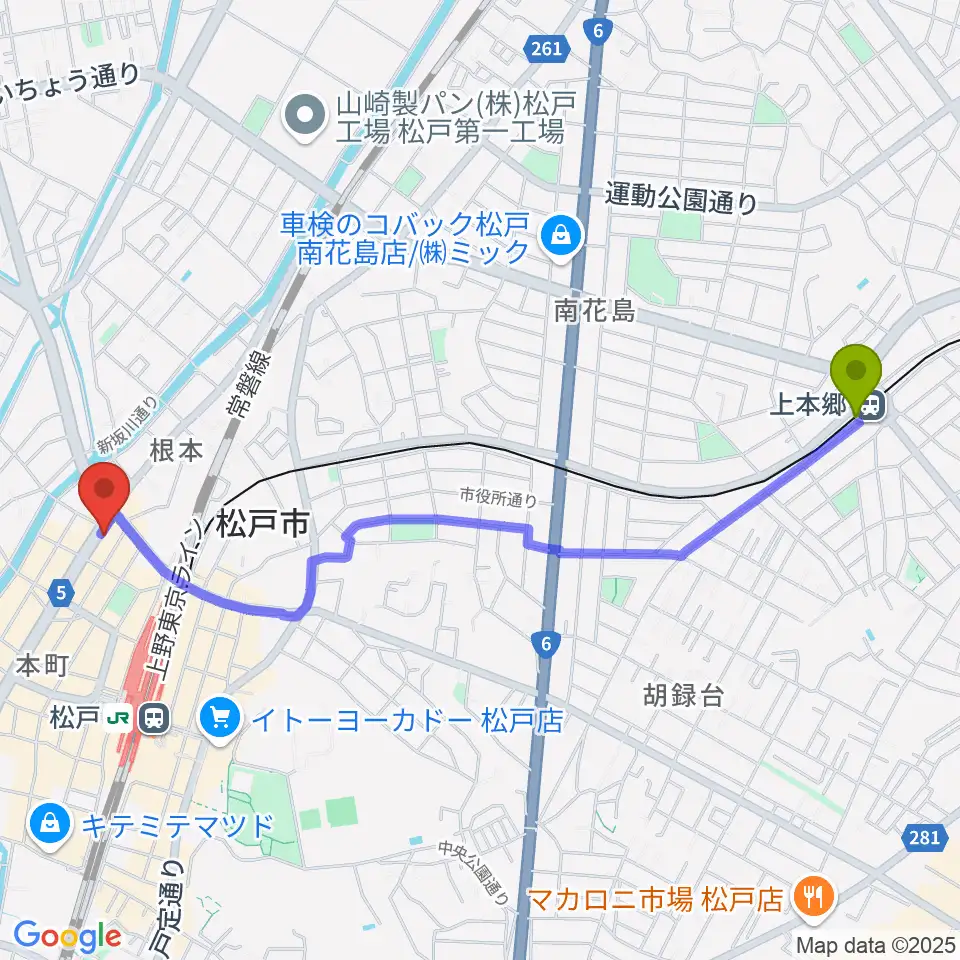 上本郷駅から松戸スタジオダグアウト2へのルートマップ地図