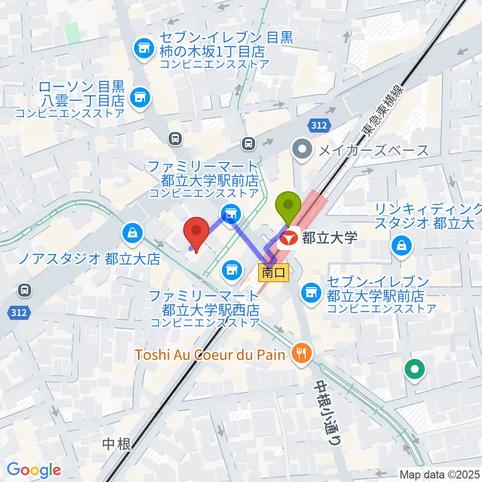 ピアノスタジオノア 都立大店の最寄駅都立大学駅からの徒歩ルート（約2分）地図