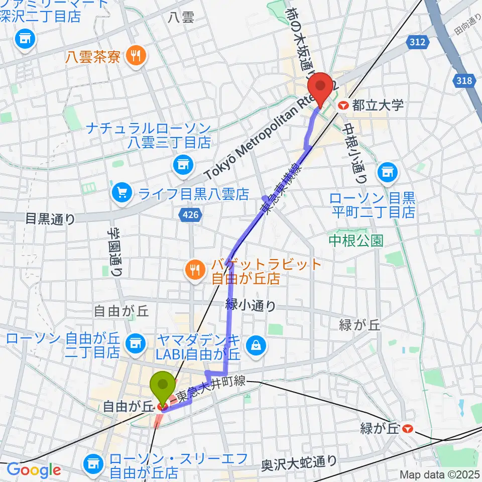 自由が丘駅からピアノスタジオノア 都立大店へのルートマップ地図