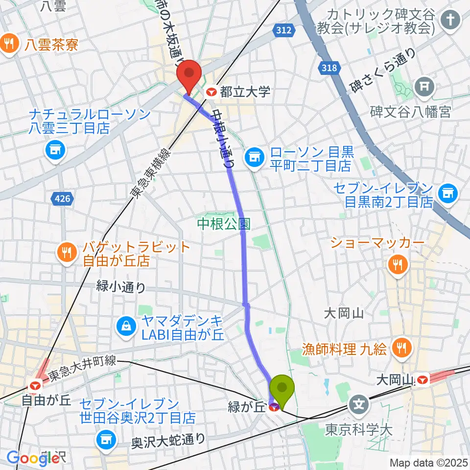 緑が丘駅からピアノスタジオノア 都立大店へのルートマップ地図