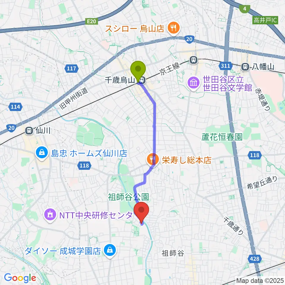 千歳烏山駅からMGS Music School 成城校へのルートマップ地図
