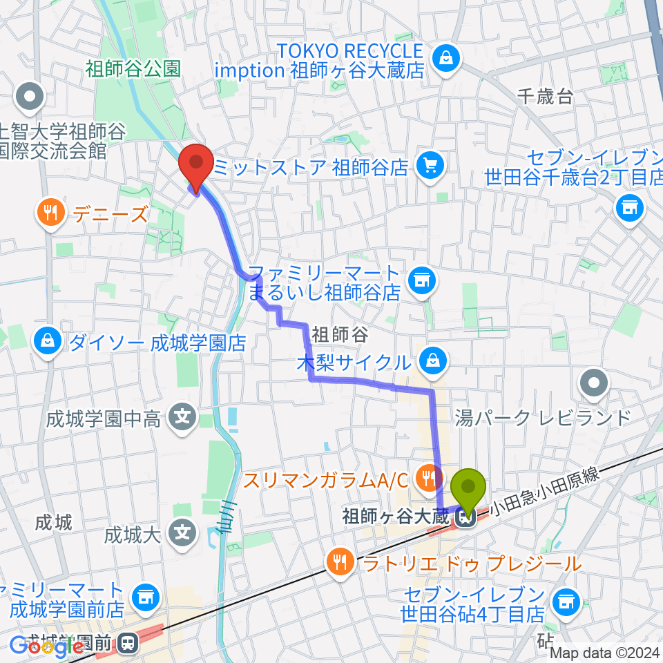 MGS Music School 成城校の最寄駅祖師ヶ谷大蔵駅からの徒歩ルート（約20分）地図