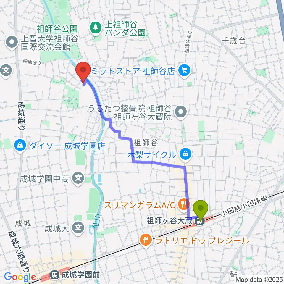 MGS Music School 成城校の最寄駅祖師ヶ谷大蔵駅からの徒歩ルート（約20分）地図