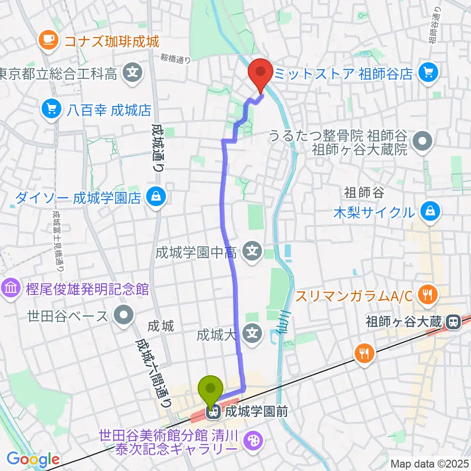 成城学園前駅からMGS Music School 成城校へのルートマップ地図