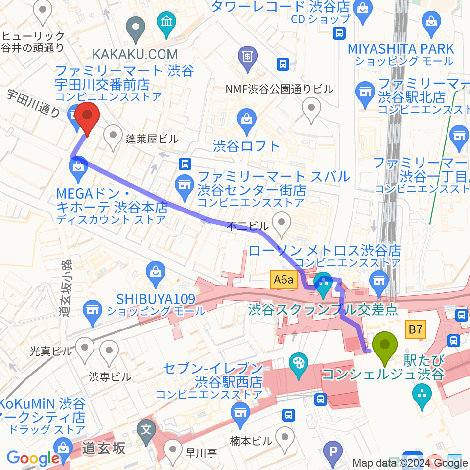渋谷Club Malcolmの最寄駅渋谷駅からの徒歩ルート（約6分）地図