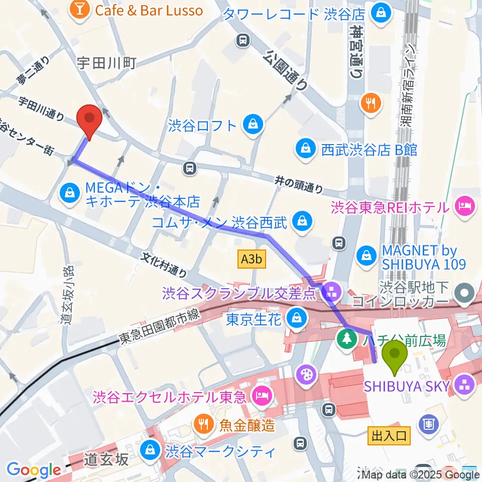 渋谷Club Malcolmの最寄駅渋谷駅からの徒歩ルート（約6分）地図
