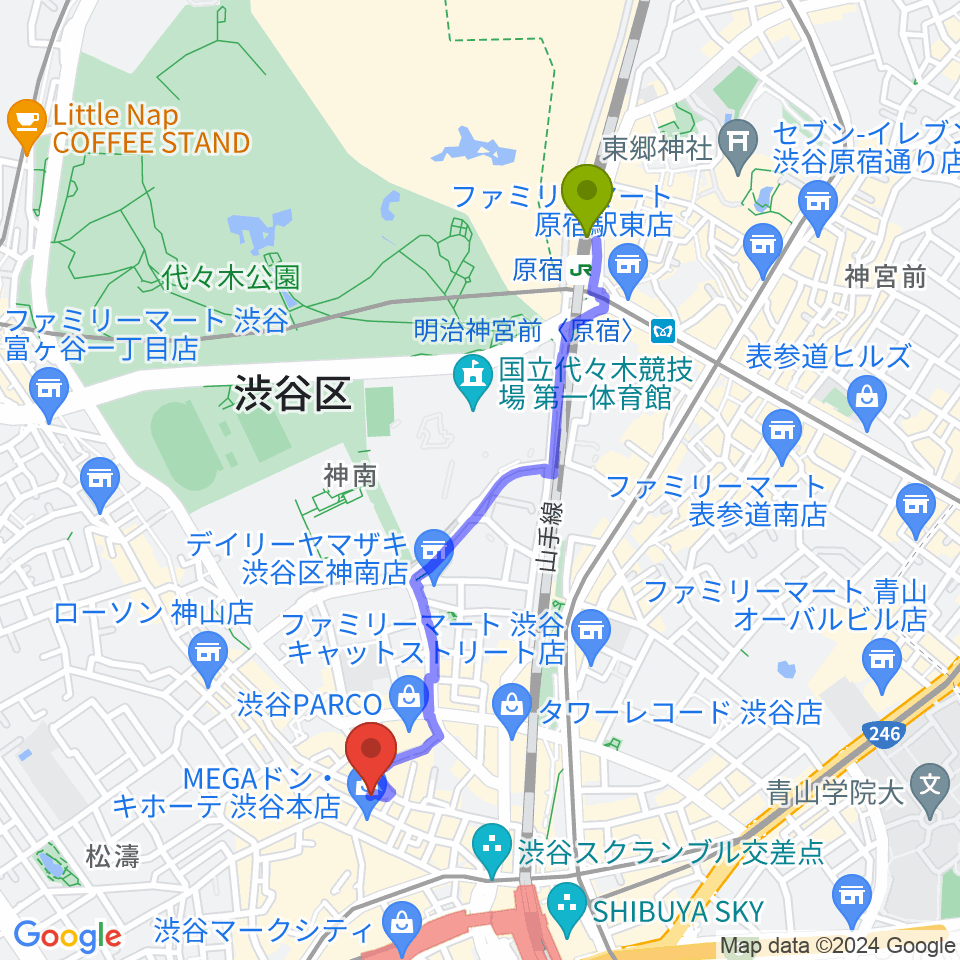 原宿駅から渋谷Club Malcolmへのルートマップ地図