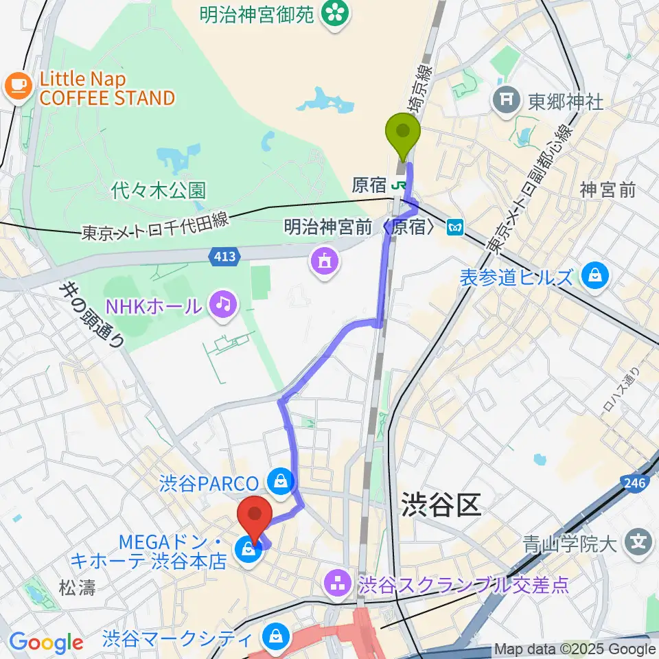 原宿駅から渋谷Club Malcolmへのルートマップ地図