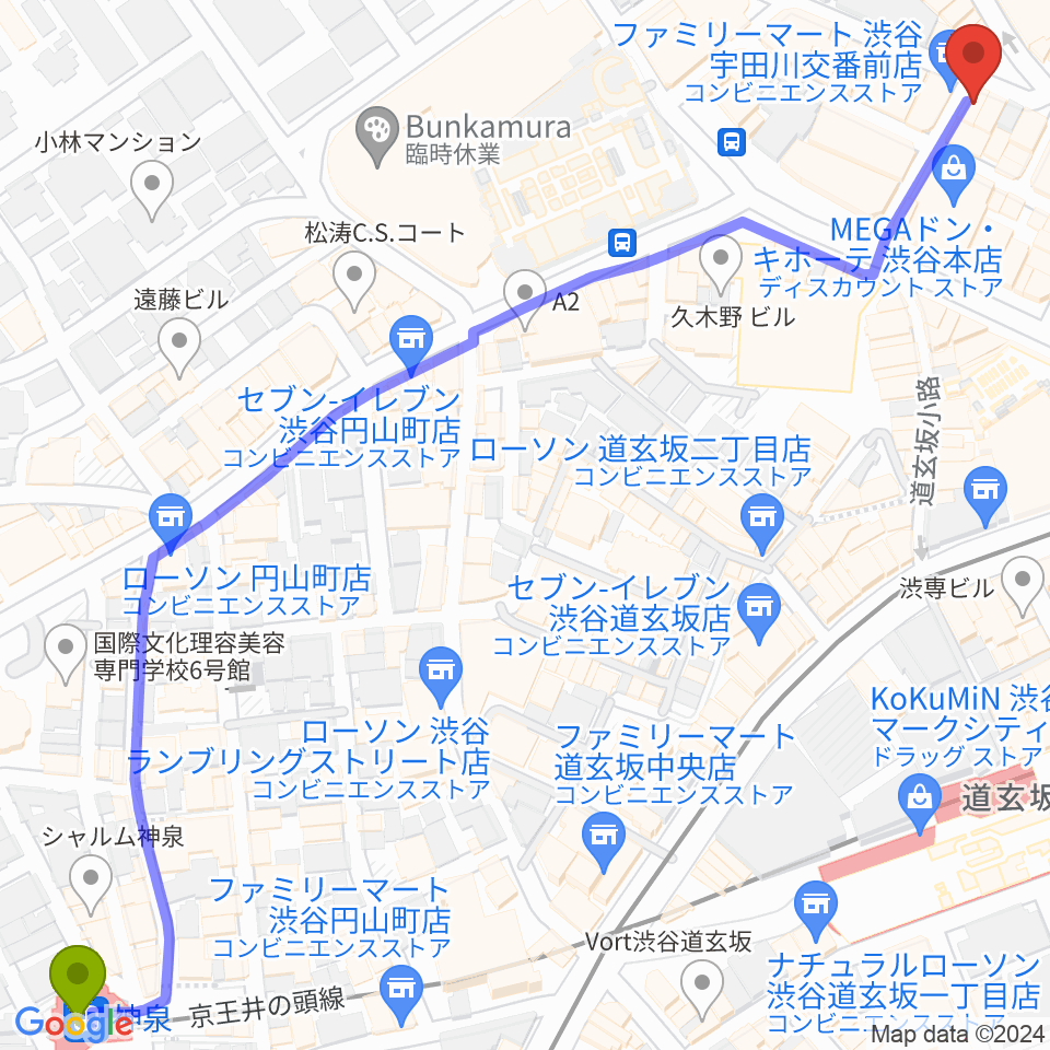 神泉駅から渋谷Club Malcolmへのルートマップ地図