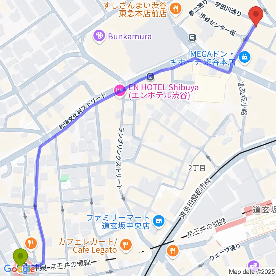 神泉駅から渋谷Club Malcolmへのルートマップ地図