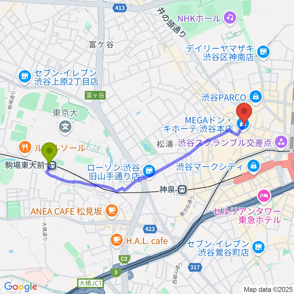 駒場東大前駅から渋谷Club Malcolmへのルートマップ地図