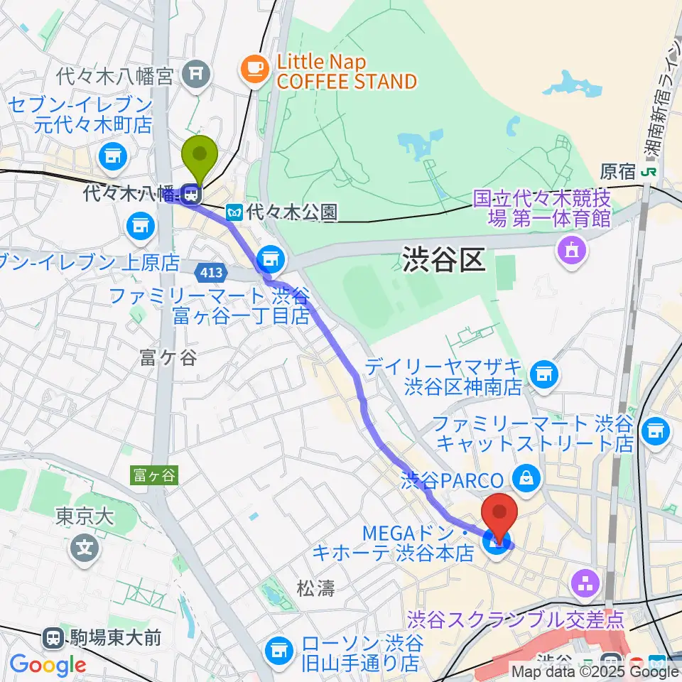 代々木八幡駅から渋谷Club Malcolmへのルートマップ地図