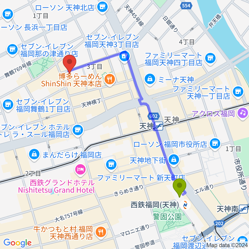 西鉄福岡（天神）駅から福岡ゴンスタジオへのルートマップ地図