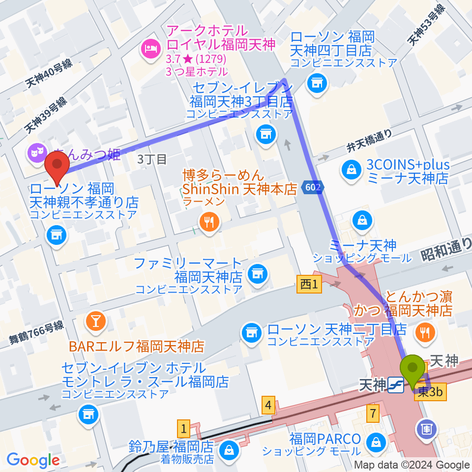 福岡ゴンスタジオの最寄駅天神駅からの徒歩ルート（約7分）地図