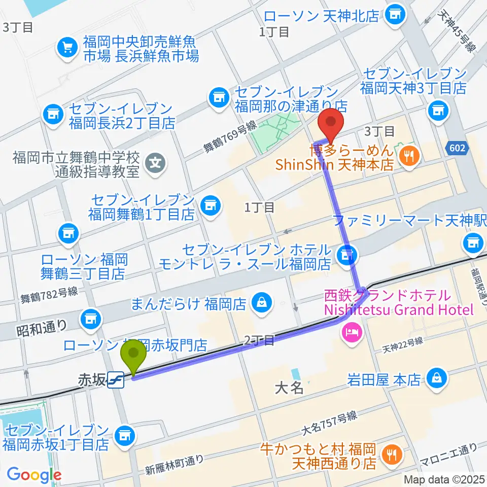 赤坂駅から福岡ゴンスタジオへのルートマップ地図