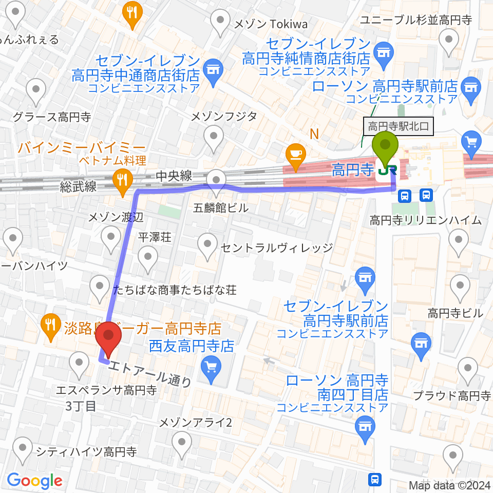 高円寺Knockの最寄駅高円寺駅からの徒歩ルート（約5分）地図